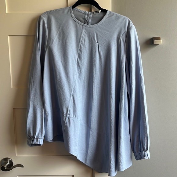 Tibi 2 light blue asymmetrical blouse button detail elastic sleeves top shirt - Picture 1 of 9